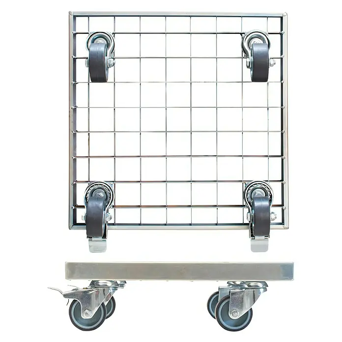 Wagner System Pflanzenroller - L x B: 29 x 29 cm, Metall, Verzinkt, Max. Belastung: 200 kg - Bild eines Rollwagens mit einem Gitteraufsatz und Rollen, der für den Transport von Gegenständen konzipiert ist.