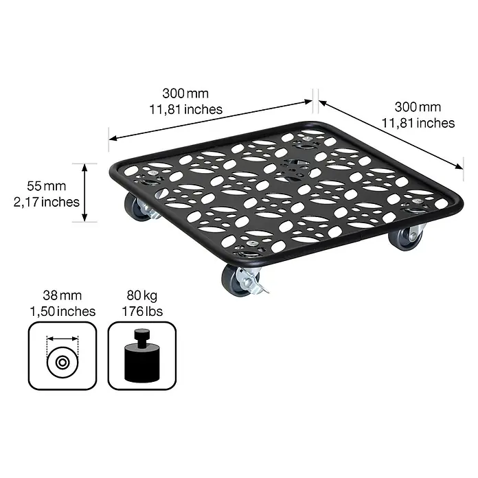 Wagner System Pflanzenroller - 30 x 30 cm, Metall, Schwarz, Max. Belastung: 80 kg - Produktabbildung einer quadratischen Rollenunterlage mit den Maßen 300x300 mm, einer Höhe von 55 mm und einer Belastbarkeit bis 80 kg.