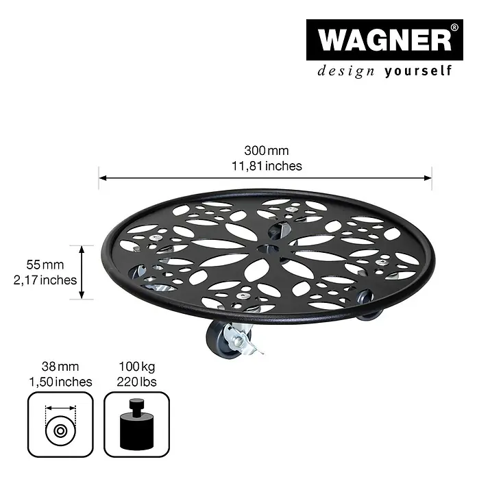 Wagner System Pflanzenroller - 30 cm, Metall, Schwarz, Max. Belastung: 100 kg - Abbildung eines schwarzen, runden Pflanzenrollers mit Rollen und den dazugehörigen Maßangaben.