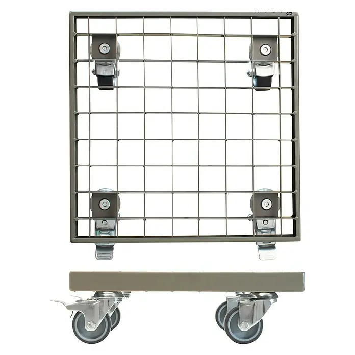 Wagner System Pflanzenroller - L x B x H: 29 x 29 x 9,5 cm, Rechteckig, Metall, Pulverbeschichtet - Bild eines Rollcontainers mit einem robusten Drahtgitter und vier stabilen Rollen, ideal für Lagerung und Transport.