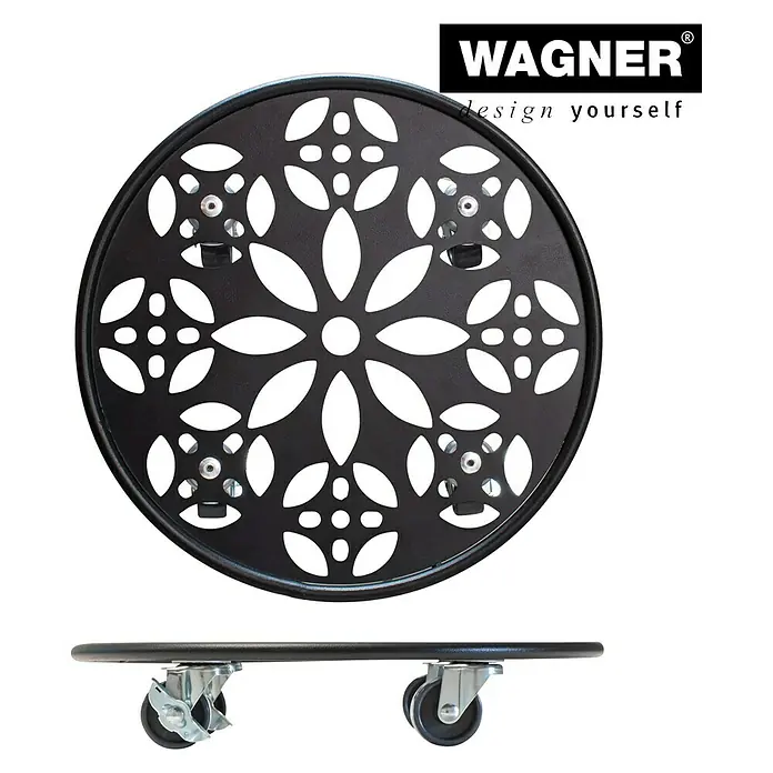 Wagner System Pflanzenroller - 30 cm, Metall, Schwarz, Max. Belastung: 100 kg - Rolluntersetzer für Pflanztöpfe, aus Metall, mit Blumenmuster und Rollen für einfaches Verschieben.