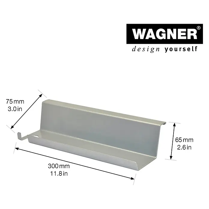 Wagner System GreenFamily Ablagekonsole GH 3001 - Passend für: Wagener GreenFamily Hochbeete, Stahl - Produktbild eines silberfarbenen Wandregals von Wagner mit Maßangaben, das Design ist schlicht und modern.
