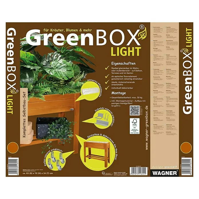 Wagner System GreenFamily Hochbeet GreenBOX light - 83 x 34,5 x 70 cm, Holz, Dunkelbraun - Abbildung der Verpackung des GreenBOX Light Bausatzes für Kräuter, Blumen, Gemüse & mehr mit einem Foto des fertigen Produkts und Zubehör.