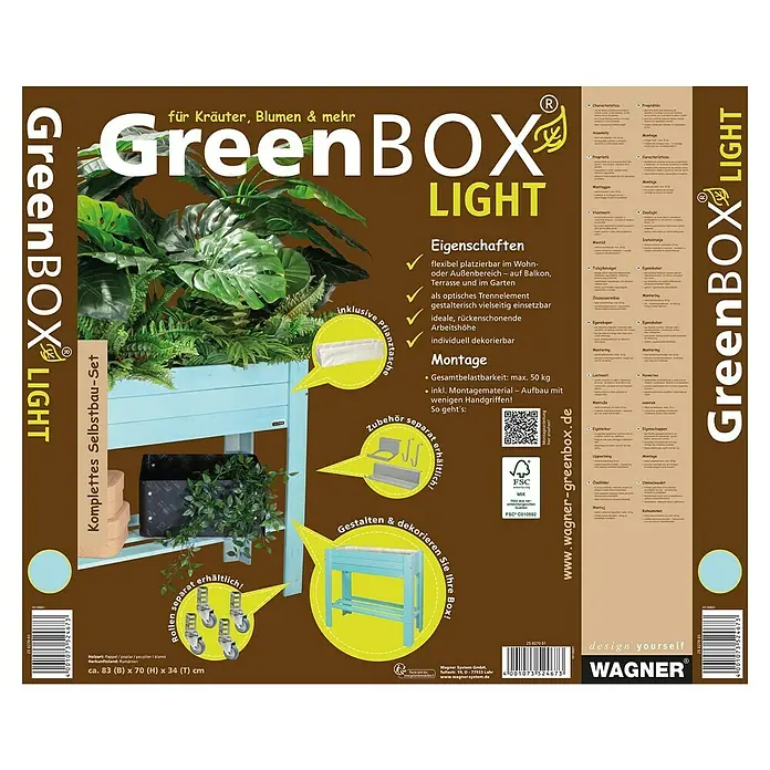 Wagner System GreenFamily Hochbeet GreenBOX light - 83 x 34,5 x 70 cm, Holz, Aqua Splash - Produktverpackung für einen GreenBOX Light Pflanztisch für Kräuter, Blumen & mehr. Komplettes Selbstbau-Set mit Rollen und weiterem Zubehör.