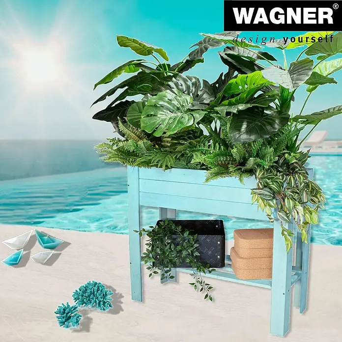 Wagner System GreenFamily Hochbeet GreenBOX light - 83 x 34,5 x 70 cm, Holz, Aqua Splash - Das Bild zeigt einen hellblauen Pflanztisch mit üppiger Bepflanzung der Marke Wagner, der für eine stilvolle Gartengestaltung sorgt.