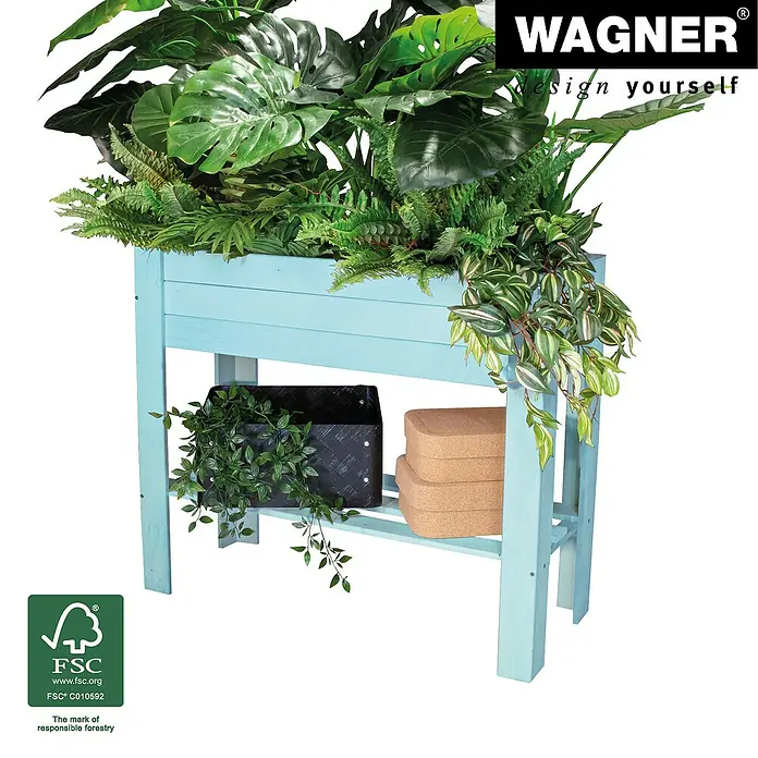 Wagner System GreenFamily Hochbeet GreenBOX light - 83 x 34,5 x 70 cm, Holz, Aqua Splash - Das Bild zeigt einen hellblauen Pflanztisch mit üppigem Grün und praktischer Ablagefläche, ideal für Gartenliebhaber.