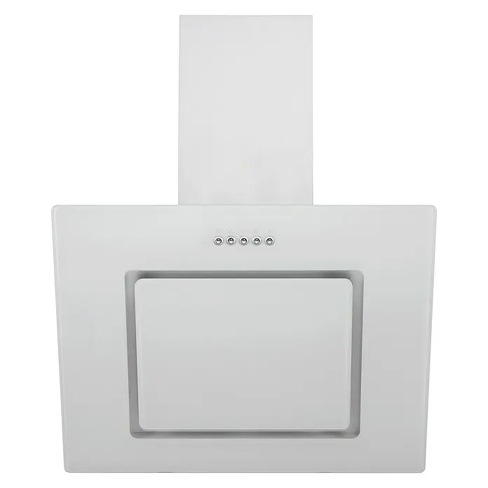 Respekta Premium Composición de cocina Gabriel - Ancho: 290 cm, Blanco, Con electrodomésticos - Primer plano de una campana extractora blanca con botones de control y cubierta rectangular sobre un fondo negro.