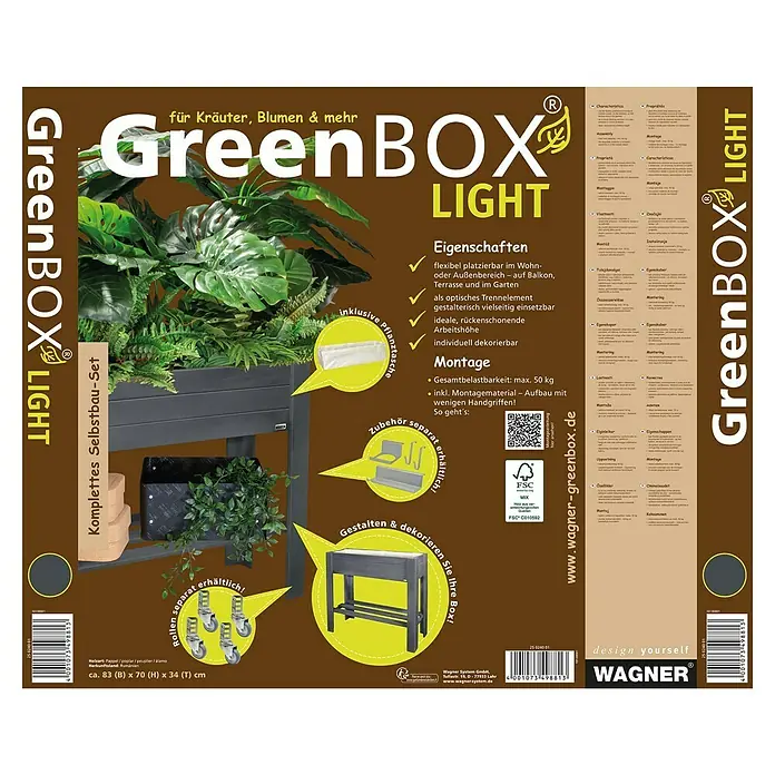 Wagner System GreenFamily Hochbeet GreenBOX light - 83 x 34,5 x 70 cm, Holz, Anthrazit - Produktabbildung eines GreenBOX LIGHT Hochbeets für Kräuter und Blumen, inklusive Zubehör und Montagehinweisen.