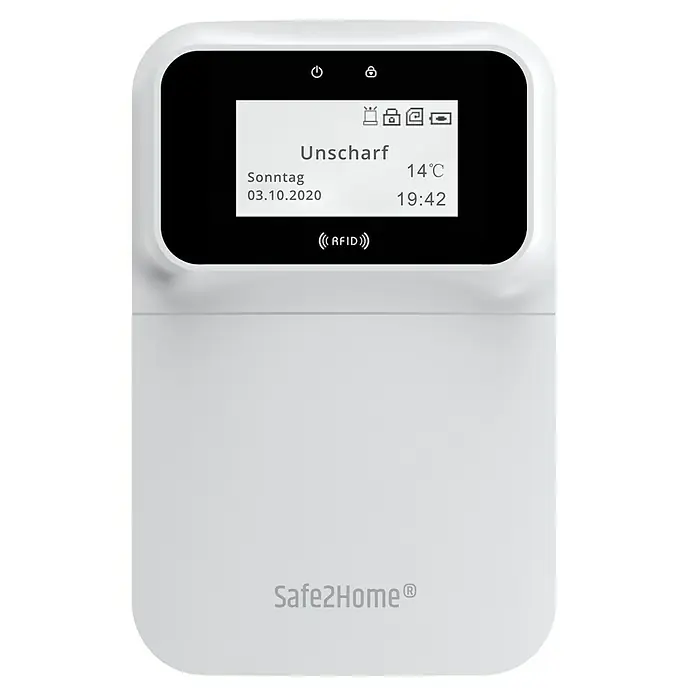 Safe2Home Alarmanlagen-Bedienelement SP110 - Passend für: Safe2Home Alarmanlage SP110/210, L x B x H: 2 x 14 x 14 cm - Die Safe2Home Zentraleinheit mit LCD-Display zeigt Statusinformationen und Uhrzeit. Dieses Gerät dient als Steuerzentrale für Ihr Smart Home.