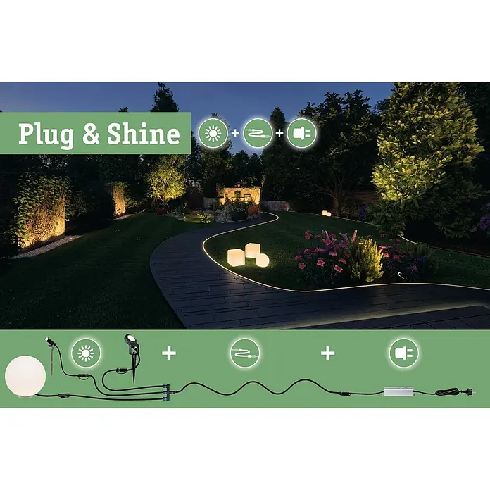 Paulmann Plug & Shine Dimm- & Schaltcontroller Smart - Max. Leistung: 75 W - Das Bild zeigt das "Plug & Shine"-Beleuchtungssystem, das aus verschiedenen Lichtquellen, Kabeln und einem Netzstecker besteht, um einen Garten zu beleuchten.