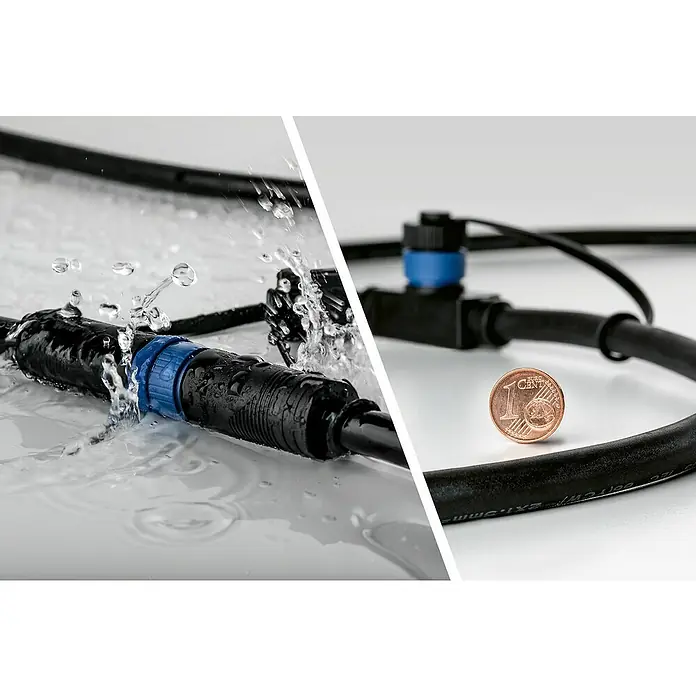 Paulmann Plug & Shine LED-Gartenspot Floor Mini - 2,5 W, 24 V, IP65 - Produktbild eines wasserdichten Steckverbinders mit blauen Akzenten und eines T-Stücks neben einer 1-Cent-Münze zur Größenorientierung.