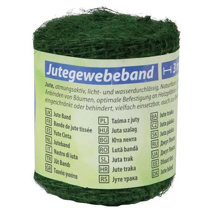 Floraworld Classic Jutegewebeband - Grün, 300 x 6 cm - Nahaufnahme von Jutegewebeband H30, einem atmungsaktiven und wasserdurchlässigen Naturfaserprodukt zur Baumbefestigung.