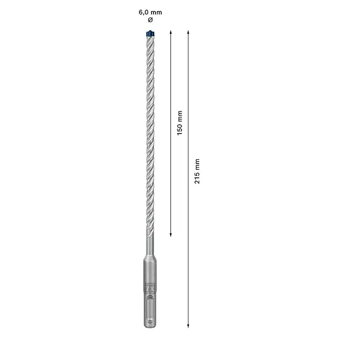 Bosch Expert SDS-Plus Betonbohrer-Set SDS Plus-7X - Durchmesser: 6 mm, Länge: 215 mm, 10 Stk. - Ein 6,0-mm-Bohrer mit einer Länge von 215 mm und einer Arbeitslänge von 150 mm ist abgebildet.