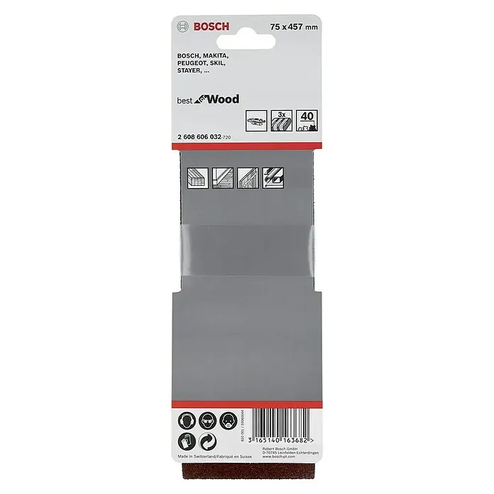 Bosch Set de bandas de lija X440 Best for Wood and Paint - An x L: 65 x 410 mm, Grano: 60 mm - 100 mm, 3 ud. - Banda de lija Bosch "best for Wood", 75 x 457 mm, adecuada para trabajos en madera con máquinas de Bosch, Makita, Peugeot, Skil y Stayer.