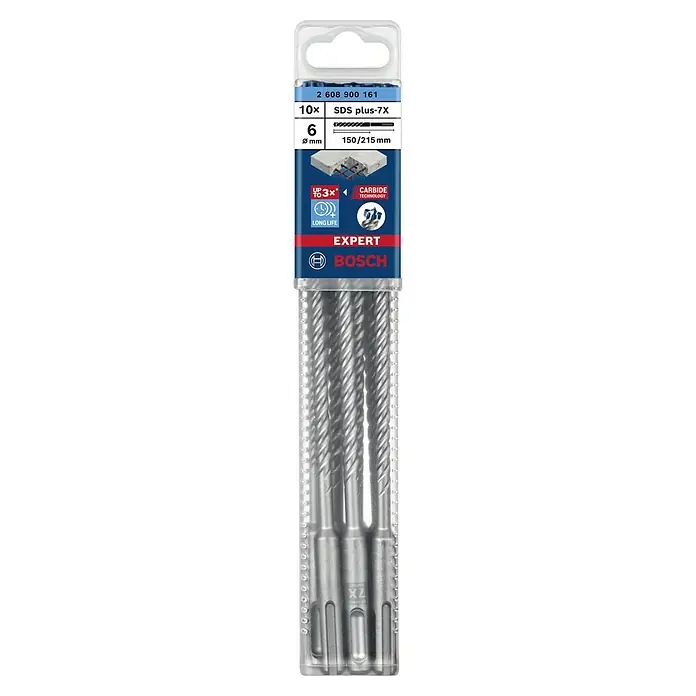 Bosch Expert SDS-Plus Betonbohrer-Set SDS Plus-7X - Durchmesser: 6 mm, Länge: 215 mm, 10 Stk. - Eine Packung Bosch Expert SDS plus-7X Bohrer (10 Stück, 6 mm Durchmesser, 150/215 mm Länge) mit Hartmetalltechnologie für lange Lebensdauer.