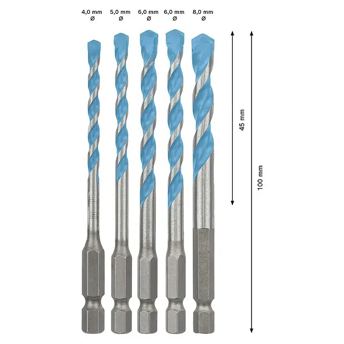 Bosch Expert Mehrzweck-Bohrer-Set Hex-9 - 5 -tlg. - Ein Satz Spiralbohrer in verschiedenen Größen, von 4,0 mm bis 8,0 mm Durchmesser, mit blauer Beschichtung und Größenangaben.