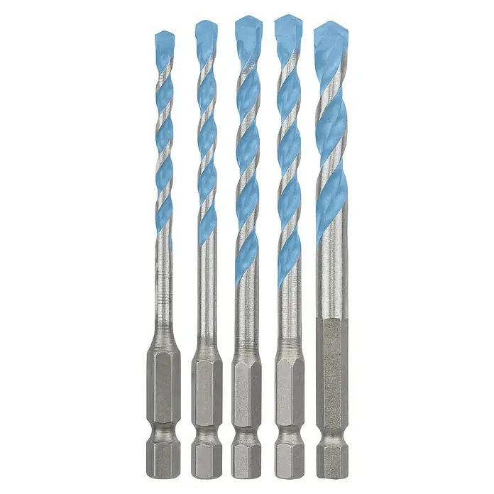 Bosch Expert Mehrzweck-Bohrer-Set Hex-9 - 5 -tlg. - Fünf Steinbohrer mit spiralförmigen blauen Schneiden und Sechskantschaft für schnelles Bohren in Stein und Fliesen.