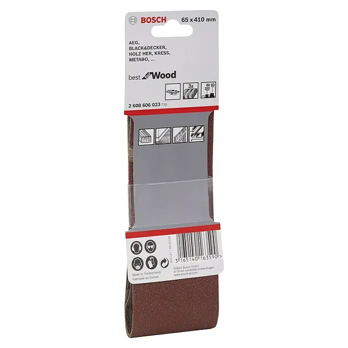 Bosch Set de bandas de lija X440 Best for Wood and Paint - An x L: 65 x 410 mm, Grano: 60 mm - 100 mm, 3 ud. - Imagen de un paquete de cinturones de lijadora Bosch, adecuado para AEG, Black&Decker, Holz Her, Kress y Metabo, con dimensiones 65 x 410 mm para la mejor madera.