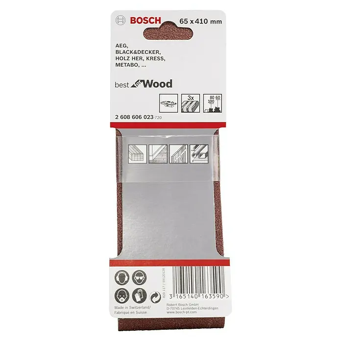 Bosch Set de bandas de lija X440 Best for Wood and Paint - An x L: 65 x 410 mm, Grano: 60 mm - 100 mm, 3 ud. - Banda de lija Bosch para madera, 65 x 410 mm, apta para AEG, Black&Decker, Holz Her, Kress, Metabo. Ideal para madera.