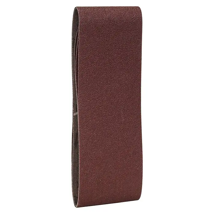 Bosch Set de bandas de lija X440 Best for Wood and Paint - An x L: 65 x 410 mm, Grano: 60 mm - 100 mm, 3 ud. - Primer plano de una banda de lija gruesa, ideal para trabajos de madera y metal, mostrando su textura y calidad del material.