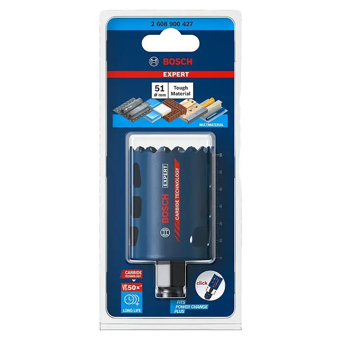 Bosch Professional Expert Bohrkrone Tough Material - Durchmesser Bohrer: 51 mm, 1 Stk. - Bosch Expert Lochsäge, 51mm Durchmesser, Multimaterial-Einsatz, langlebige Hartmetalltechnologie für anspruchsvolle Projekte.