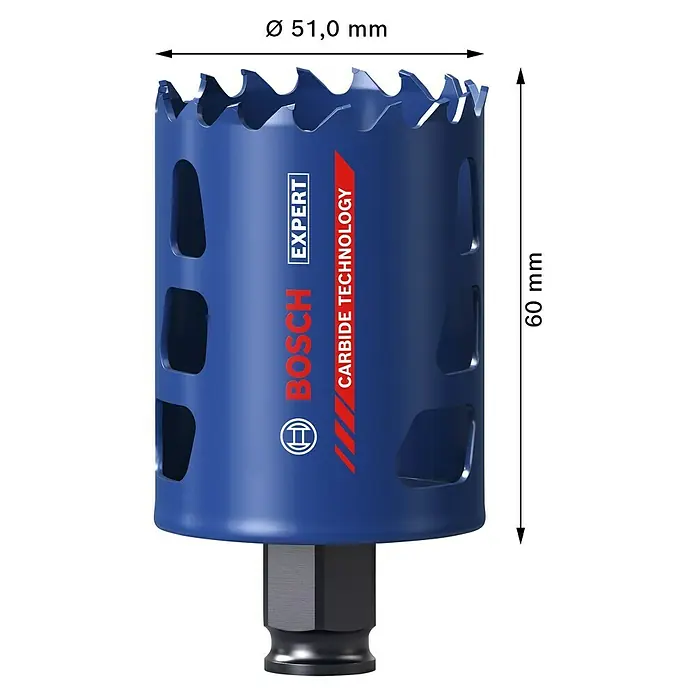 Bosch Professional Expert Bohrkrone Tough Material - Durchmesser Bohrer: 51 mm, 1 Stk. - Das Bosch EXPERT Carbide Technology Lochsäge-Bit mit einer Größe von 51,0 mm und einer Höhe von 60 mm für präzise Bohrlöcher.
