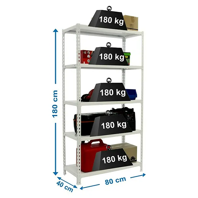 Simonrack Simonclick Metallregal Simonclick Mini - H x B x T: 180 x 80 x 40 cm, Traglast pro Boden: 180 kg, Anzahl Böden: 5 Stk., Stecken, Weiß/Weiß - Ein weißes Schwerlastregal mit fünf Regalböden und Gewichtsangaben, die auf jedem Regalboden platziert sind.