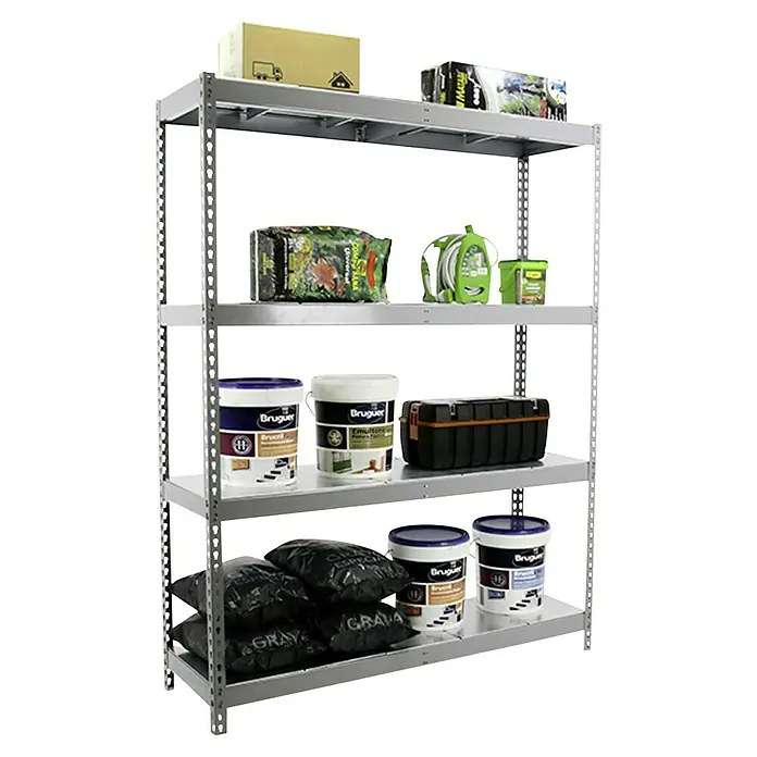 Simonrack Simontaller Schwerlastregal Ecoforte Metall - H x B x T: 200 x 150 x 75 cm, Traglast pro Boden: 400 kg, Anzahl Böden: 4 Stk., Stecken, Silber - Ein gut sortiertes Regal mit verschiedenen Gartengeräten, Farbbehältern und Säcken, ideal für die Garage oder den Keller.