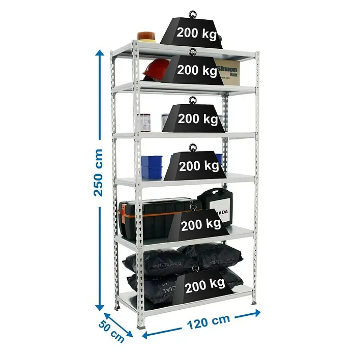Simonrack Simonclick Metallregal Mega Plus - H x B x T: 250 x 120 x 50 cm, Traglast pro Boden: 200 kg, Anzahl Böden: 6 Stk., Stecken, Silber/Silber - Produktfoto eines Schwerlastregals mit sechs Regalböden, gefüllt mit Werkzeugen und Gewichten, Maße: 250 cm Höhe, 120 cm Breite, 50 cm Tiefe.