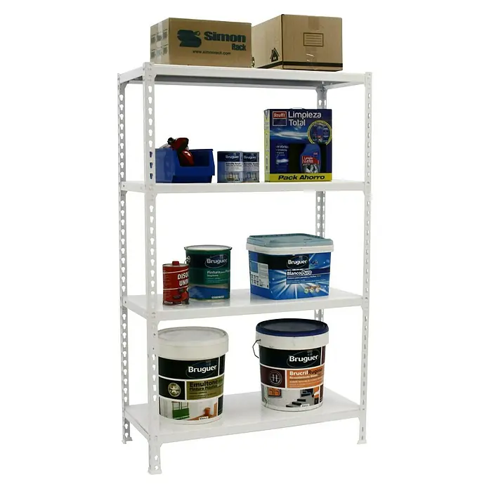 Simonrack Simonclick Metallregal Simonclick Plus - H x B x T: 150 x 90 x 40 cm, Traglast pro Boden: 180 kg, Anzahl Böden: 4 Stk., Stecken, Weiß/Weiß - Gefülltes Regal mit Reinigungsmittel, Farbeimern und Kartons von Simon Rack.