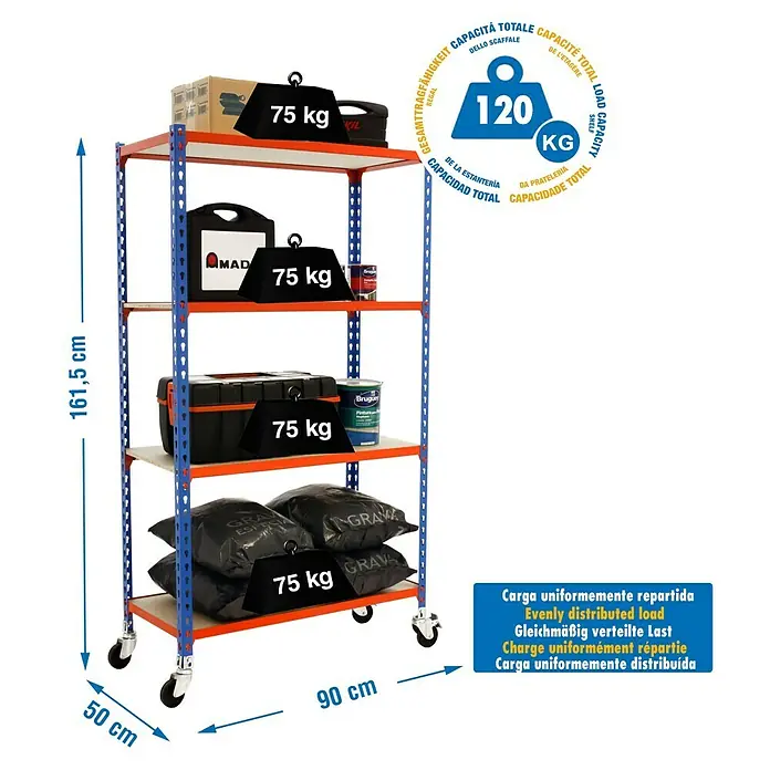 Simonrack Maderclick Estantería metálica Mobile - Al x An x Pr: 157,5 x 90 x 50 cm, Número de baldas: 4 ud., Inserción, Azul/Naranja - Imagen de una estantería resistente azul y naranja de cuatro niveles cargada con pesos y latas de pintura.