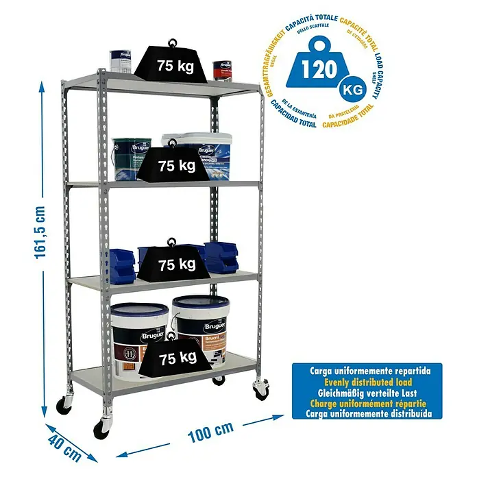 Simonrack Maderclick Estantería metálica Mobile Plus - Al x An x Pr: 157,5 x 100 x 40 cm, Número de baldas: 4 ud., Inserción, Gris - Imagen de una estantería de alta resistencia con cuatro estantes, con capacidad de hasta 120 kg, ideal para taller o almacén.