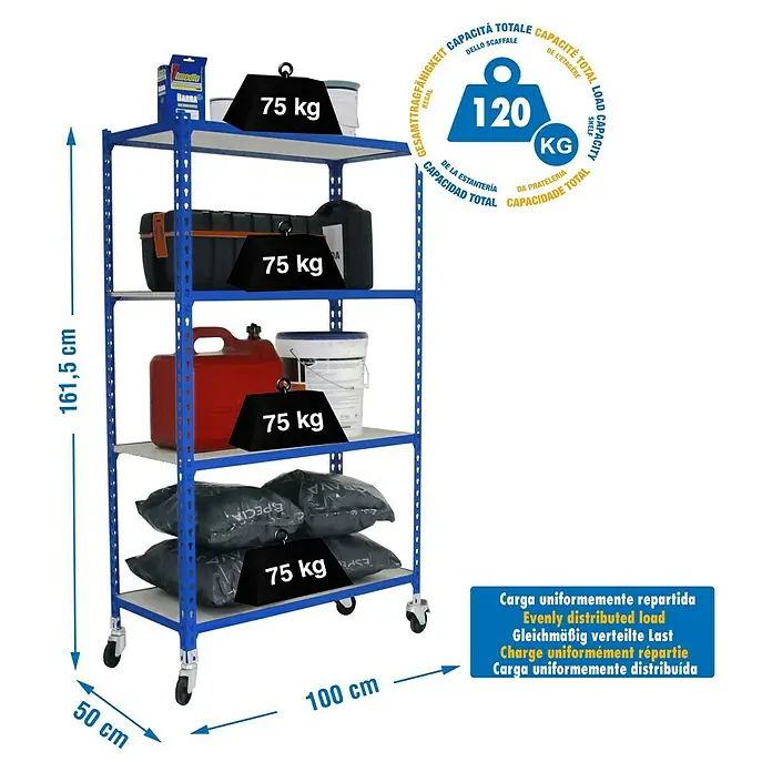 Simonrack Maderclick Estantería metálica Mobile Plus - Al x An x Pr: 157,5 x 100 x 50 cm, Número de baldas: 4 ud., Inserción, Azul - Imagen de una estantería azul con cuatro niveles, cargada con diversos objetos y pesos en cada nivel.