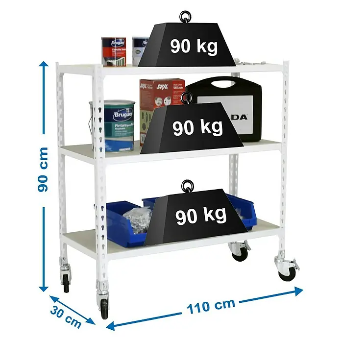 Simonrack Maderclick Estantería metálica Mobile Superplus - Al x An x Pr: 97,5 x 110 x 30 cm, Número de baldas: 3 ud., Inserción, Blanco - Imagen de un carro de taller blanco con tres estantes, cargado con botes de pintura, cajas de herramientas y pesas, se indican las dimensiones.