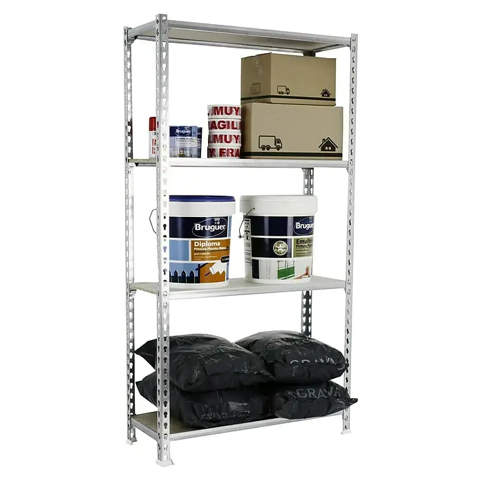 Simonrack Maderclick Metallregal Maderclick - H x B x T: 150 x 90 x 50 cm, Traglast pro Boden: 150 kg, Anzahl Böden: 4 Stk., Stecken, Silber - Ein Regal mit fünf Regalböden, beladen mit Farbeimern, Kartons und Säcken mit Zuschlagstoffen.