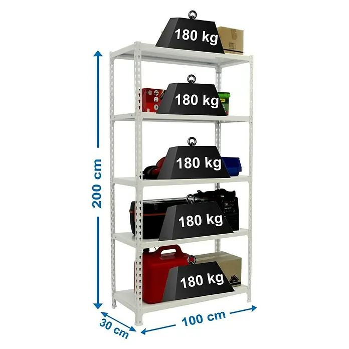 Simonrack Simonclick Metallregal Simonclick Plus - H x B x T: 200 x 100 x 30 cm, Traglast pro Boden: 180 kg, Anzahl Böden: 5 Stk., Stecken, Weiß/Weiß - Ein weißes Regal mit fünf Ablagen, beladen mit verschiedenen Gegenständen und jeweils mit Gewichten von 180 kg beschwert.