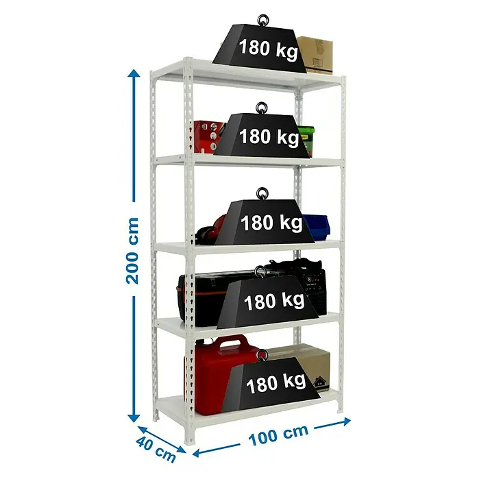 Simonrack Simonclick Metallregal Simonclick Plus - H x B x T: 200 x 100 x 40 cm, Traglast pro Boden: 180 kg, Anzahl Böden: 5 Stk., Stecken, Weiß/Weiß - Ein weißes Regal mit fünf Ebenen, beladen mit diversen Gegenständen und Gewichten zur Demonstration der Tragfähigkeit.