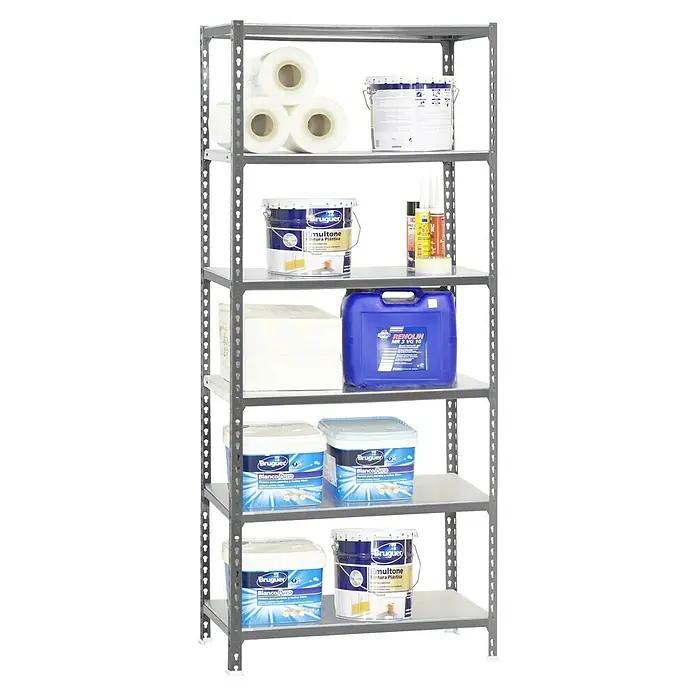 Simonrack Simonclick Metallregal Simonclick Plus - H x B x T: 250 x 90 x 30 cm, Traglast pro Boden: 180 kg, Anzahl Böden: 6 Stk., Stecken, Grau/Grau - Aufnahme eines grauen Metallregals voller Farbeimer, Papierrollen und anderen Artikeln, die für Renovierungsarbeiten benötigt werden.