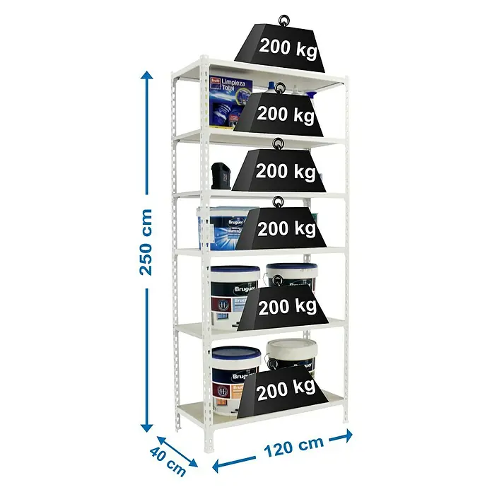 Simonrack Maderclick Metallregal Maderclick MegaPlus - H x B x T: 250 x 120 x 40 cm, Traglast pro Boden: 200 kg, Anzahl Böden: 6 Stk., Stecken, Weiß - Abbildung eines weißen Metallregals mit sechs Ebenen, das mit verschiedenen Produkten und Gewichten von 200 kg beladen ist.