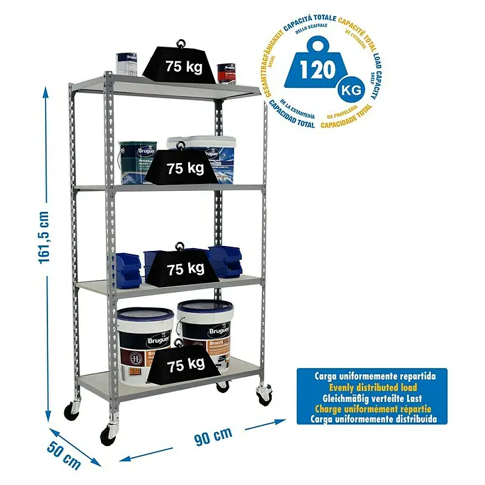 Simonrack Maderclick Estantería metálica Mobile - Al x An x Pr: 157,5 x 90 x 50 cm, Número de baldas: 4 ud., Inserción, Gris - Imagen de una estantería resistente con cuatro niveles y ruedas, cargada con envases de pintura y cajas de almacenamiento.