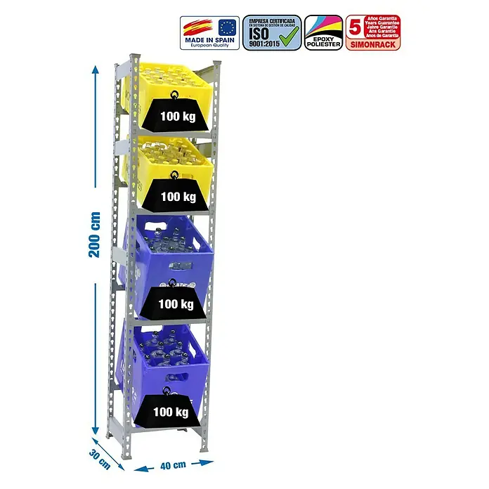 Simonrack Simonbottle Getränkekistenregal Bottleclick - H x B x T: 200 x 40 x 30 cm, Traglast Einlegeboden: 100 kg, Anzahl Böden: 4 Stk., Stecken, Grau - Abbildung eines stabilen, grauen Metallregals mit vier gelben und blauen Kästen, jeweils mit 100 kg Gewicht gekennzeichnet.