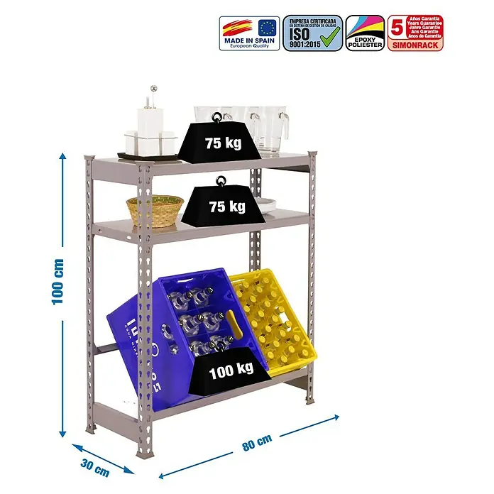 Simonrack Simonbottle Getränkekistenregal Shelf - H x B x T: 100 x 80 x 30 cm, Anzahl Böden: 3 Stk., Traglast Einlegeboden: 100 kg, Stecken, Grau - Abbildung eines silberfarbenen Metallregals mit drei Ebenen, belastet mit Gewichten und Getränkekisten.