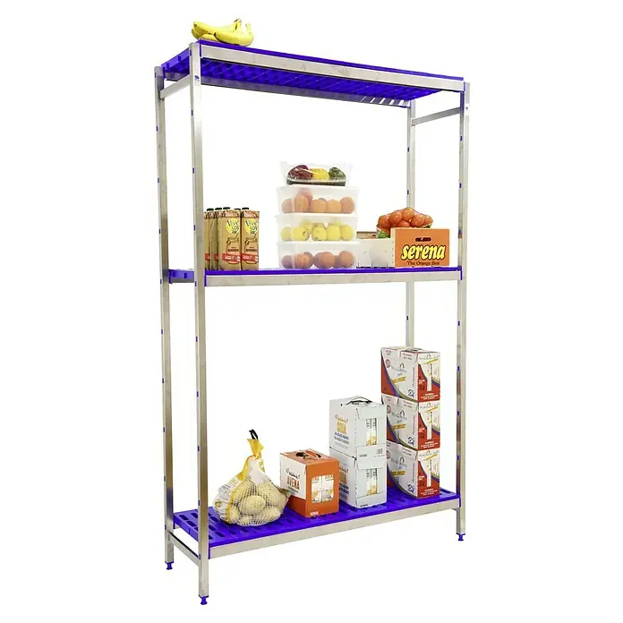 Simonrack Simoninox Metallregal Grundelement - H x B x T: 160 x 126 x 40 cm, Traglast pro Boden: 180 kg, Anzahl Böden: 3 Stk., Stecken, Material Boden: Kunststoff - Ein dreistufiges Regal mit verschiedenen Lebensmitteln, darunter Bananen, Orangen, Eier und Kartoffeln. Das Regal ist aus silberfarbenem Metall gefertigt.