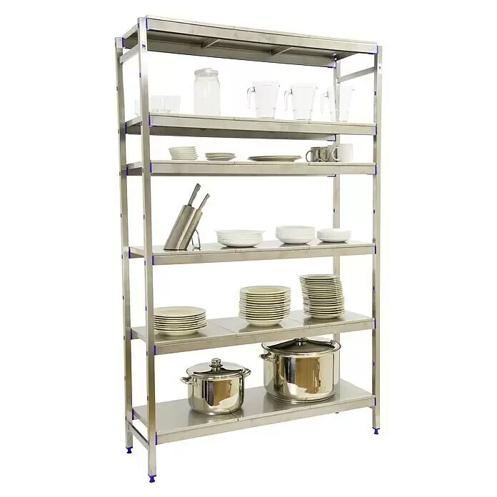 Simonrack Simoninox Metallregal Grundelement - H x B x T: 200 x 126 x 40 cm, Traglast pro Boden: 200 kg, Anzahl Böden: 6 Stk., Stecken, Material Boden: Edelstahl - Hohes Edelstahl-Küchenregal mit Geschirr, Töpfen und Gläsern.