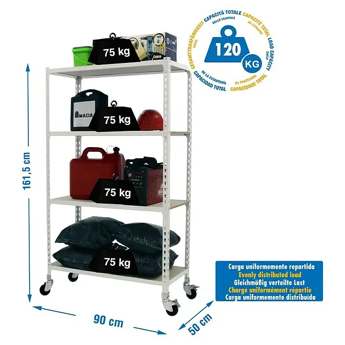 Simonrack Maderclick Estantería metálica Mobile - Al x An x Pr: 157,5 x 90 x 50 cm, Número de baldas: 4 ud., Inserción, Blanco - Imagen de una estantería metálica blanca de cinco niveles, cargada con varios objetos y pesos de 75 kg en cada nivel. La capacidad de carga total es de 120 kg.
