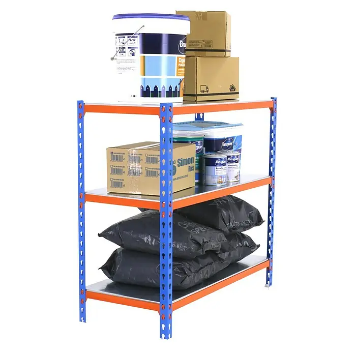 Simonrack Simonclick Metallregal Simonclick Super Plus - H x B x T: 100 x 110 x 30 cm, Traglast pro Boden: 200 kg, Anzahl Böden: 3 Stk., Stecken, Blau/Orange/Silber - Ein dreistöckiges Lagerregal mit Farbdosen, Kartons und Säcken. Perfekt zur Organisation von Werkstatt, Keller oder Garage!