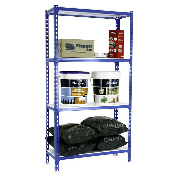 Simonrack Simonclick Metallregal Mega Plus - H x B x T: 150 x 120 x 40 cm, Traglast pro Boden: 200 kg, Anzahl Böden: 4 Stk., Stecken, Blau/Weiß - Dieses Bild zeigt ein Regal mit Produkten wie Farbe von Bruguer und einer Skillaser-Box, ideal für Heimwerker und Renovierungen.
