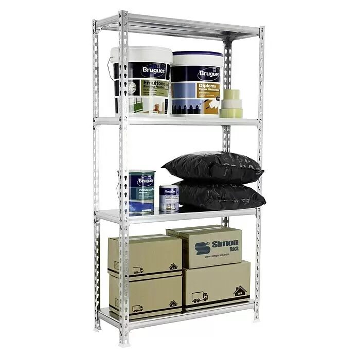 Simonrack Simonclick Metallregal Mega Plus - H x B x T: 150 x 120 x 40 cm, Traglast pro Boden: 200 kg, Anzahl Böden: 4 Stk., Stecken, Silber/Silber - Silbernes Metallregal mit vier Ablagen, auf denen Farbdosen, Kartons und schwarze Säcke stehen.