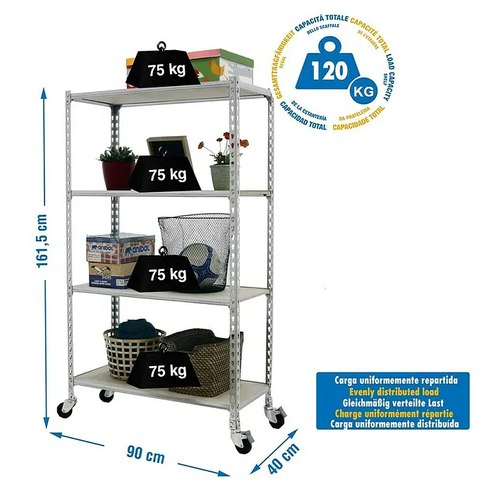 Simonrack Maderclick Estantería metálica Mobile - Al x An x Pr: 157,5 x 90 x 40 cm, Número de baldas: 4 ud., Inserción, Galvanizado - Imagen de una estantería de alta resistencia con 4 estantes, ruedas e indicaciones de peso.