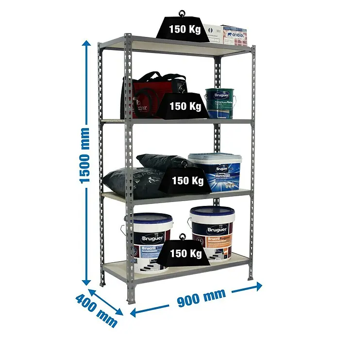 Simonrack Maderclick Metallregal Maderclick - H x B x T: 150 x 90 x 40 cm, Traglast pro Boden: 150 kg, Anzahl Böden: 4 Stk., Stecken, Grau - Abbildung eines stabilen Regals mit vier Ebenen, beladen mit Farbeimern, Werkzeugtasche und Sandsäcken, das eine Traglast von 150 kg pro Ebene aufweist.